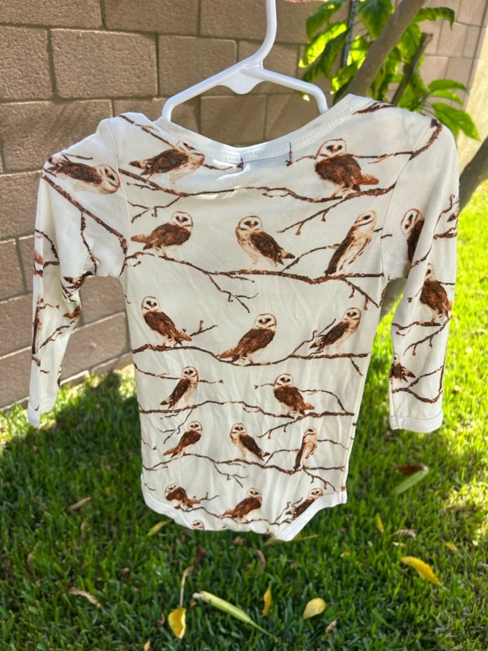Milkbarn Cream and Brown Owl Print Long-Sleeve One-Piece
